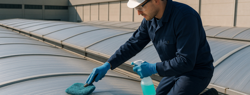mantenimiento lucernarios policarbonato industrial técnico limpiando cubiertas transparentes
