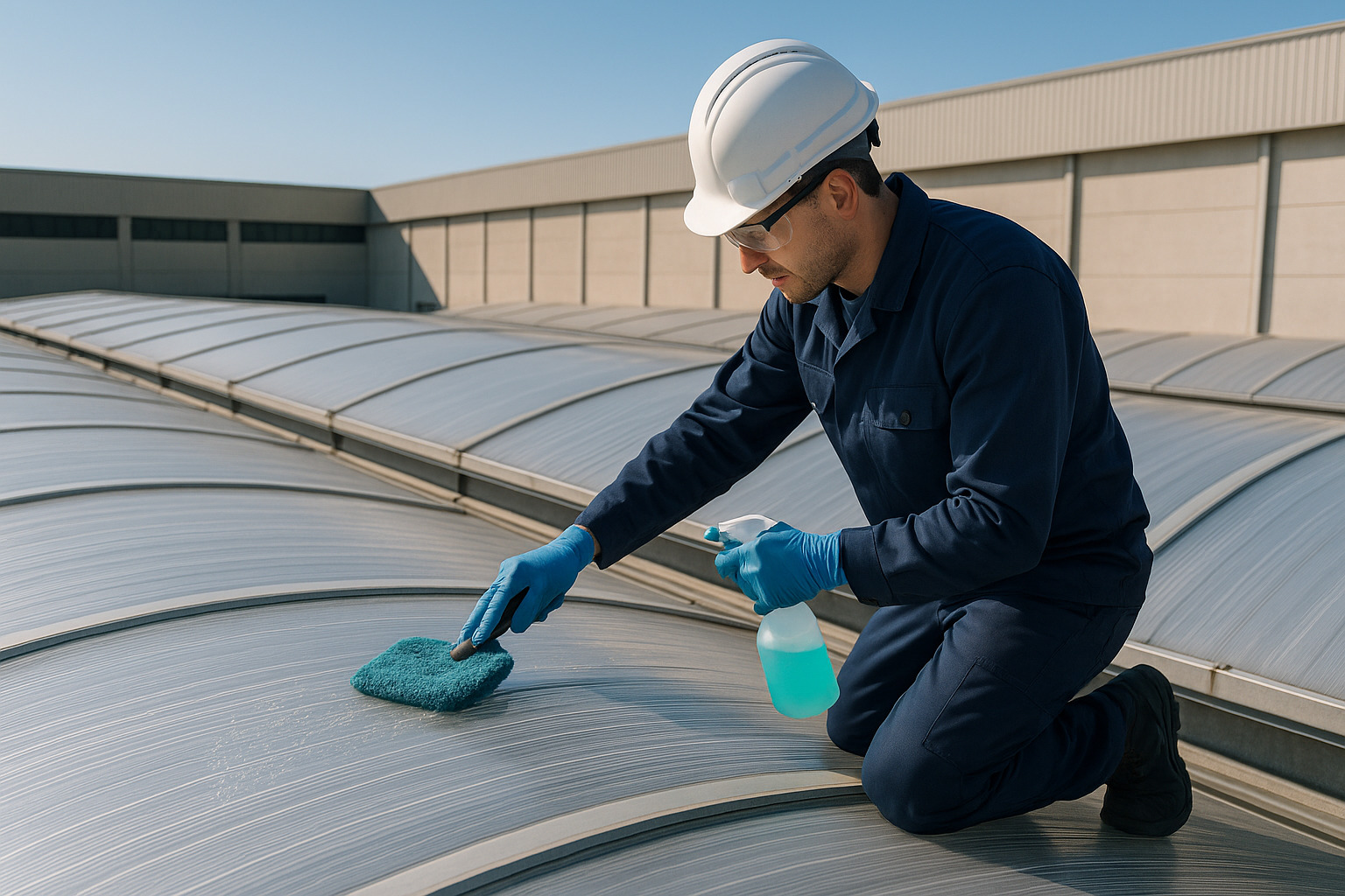 mantenimiento lucernarios policarbonato industrial técnico limpiando cubiertas transparentes